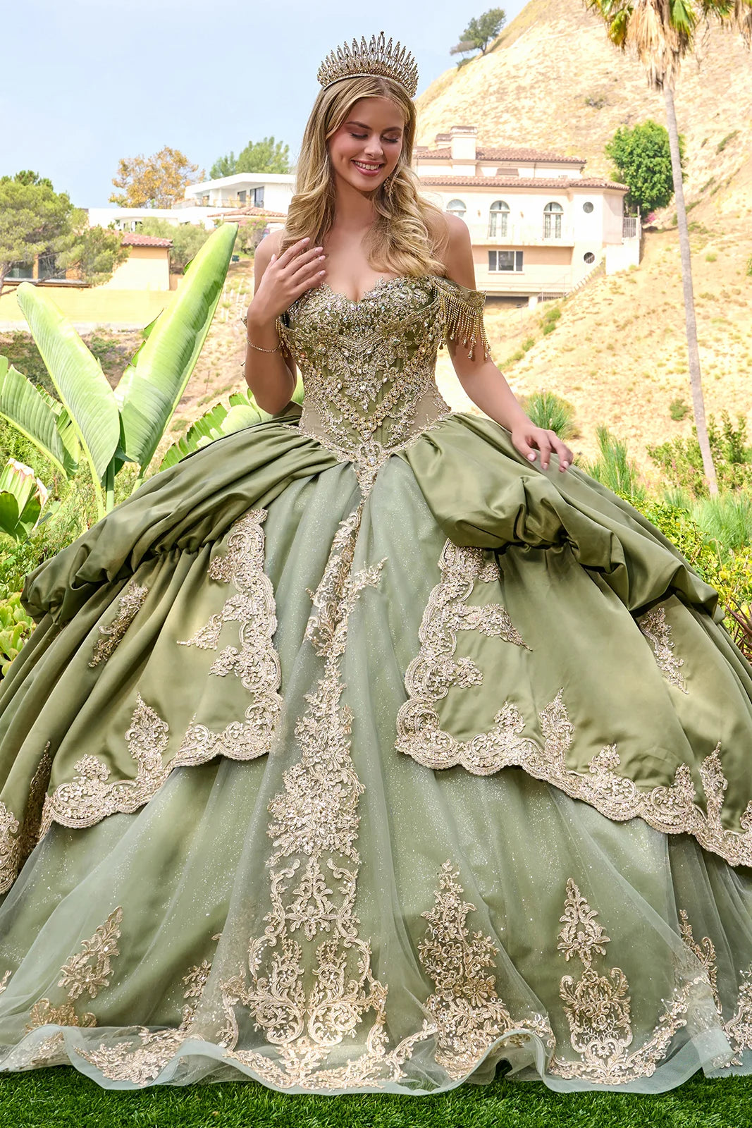 Quinceniera Dresses Long Quinceanera Corset Ball Gown Sequin Dress Olive