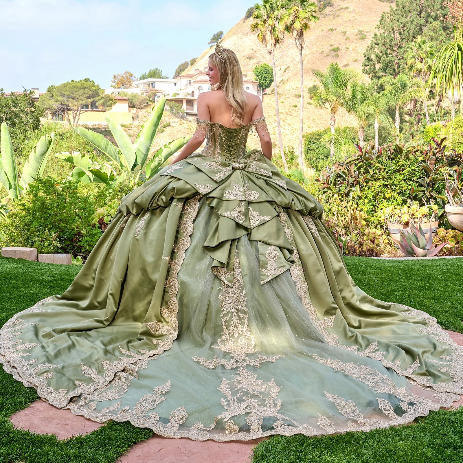 Quinceniera Dresses Long Quinceanera Corset Ball Gown Sequin Dress Olive
