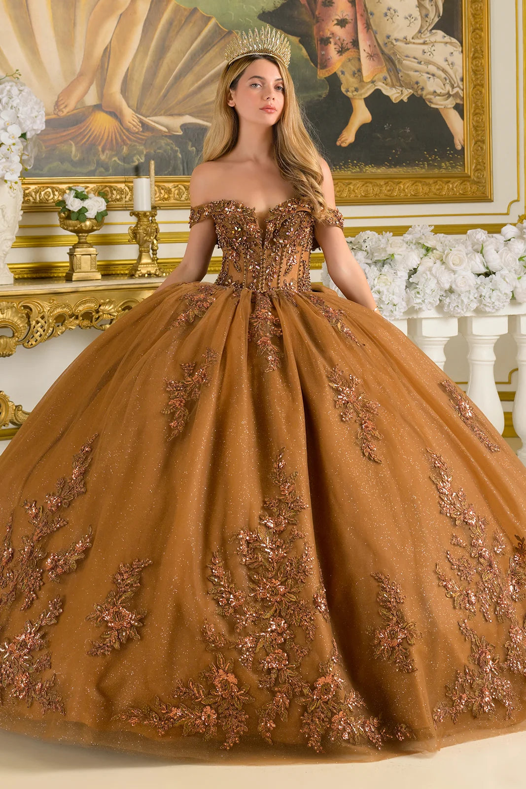 GLS GL3811 Long Ball Gown Corset Beaded Sequin Glitter Quinceniera Dress - BROWN / M GLS GL3811 Long Ball Gown Corset Beaded Sequin Glitter Quinceniera Dress - BROWN / M