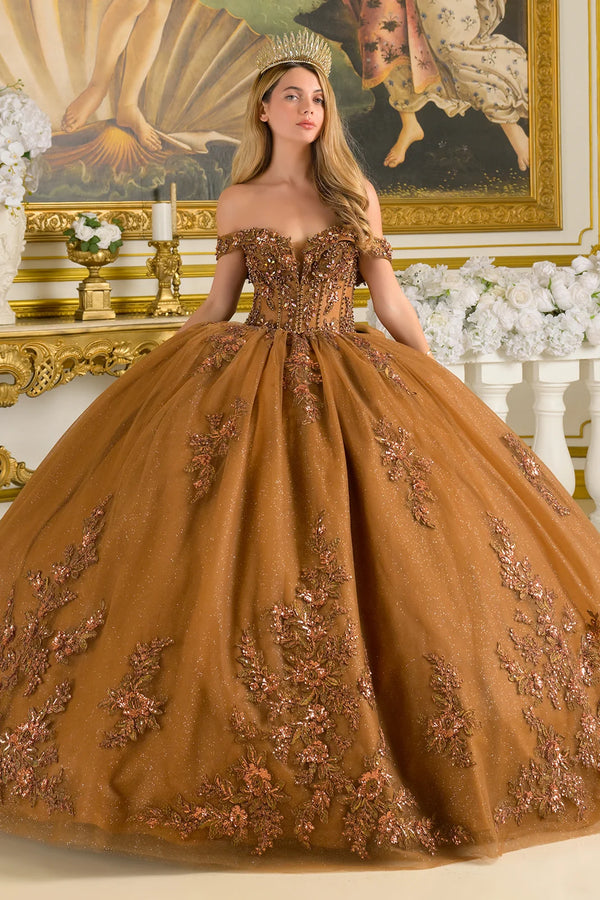 GLS GL3811 Long Ball Gown Corset Beaded Sequin Glitter Quinceniera Dress