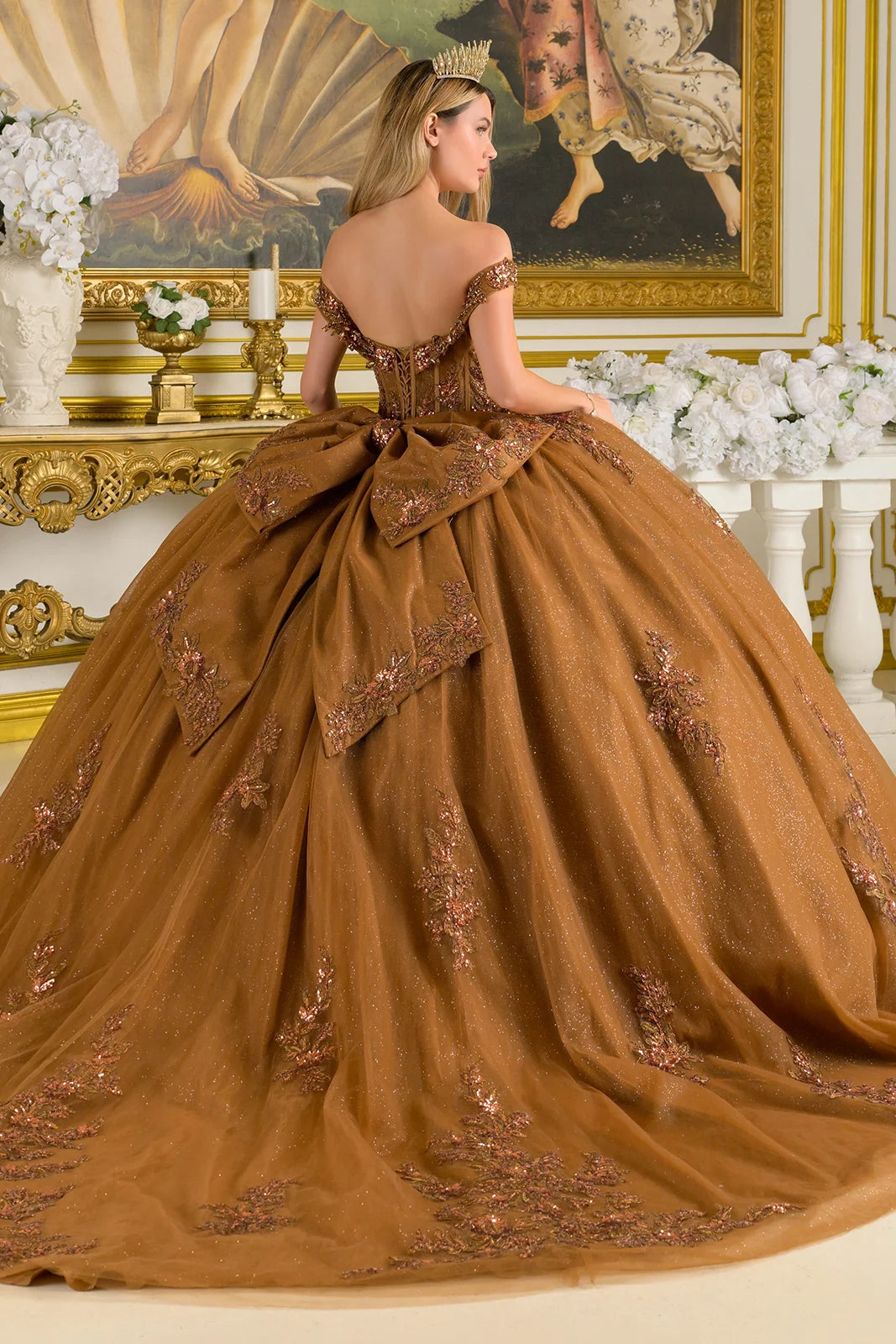 Quinceniera Dresses Long Ball Gown Corset Beaded Sequin Glitter Quinceniera Dress Brown