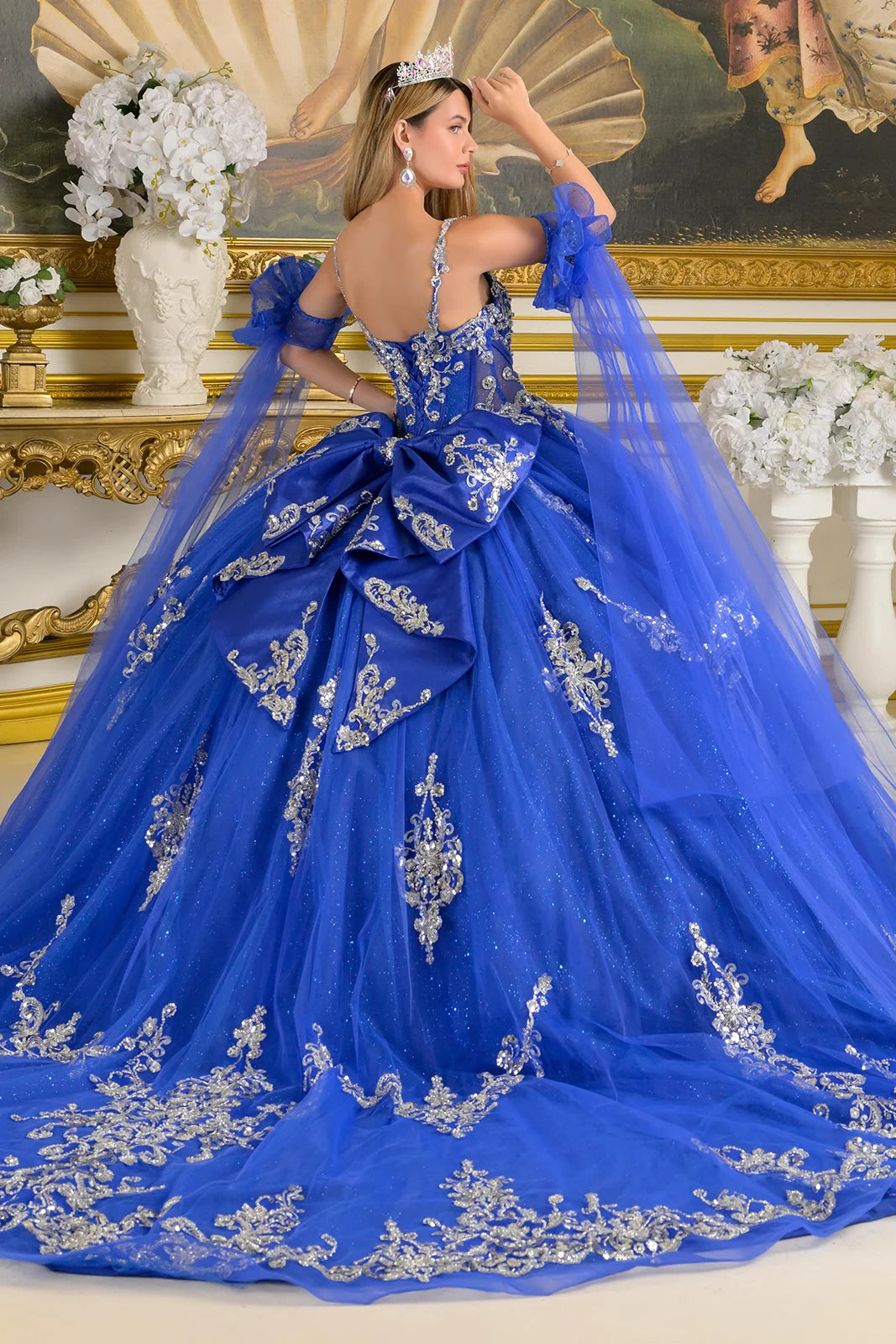 Quinceniera Dresses Sequin Beaded Long Quinceanera Ball Gown Corset Dress Royal Blue/Silver