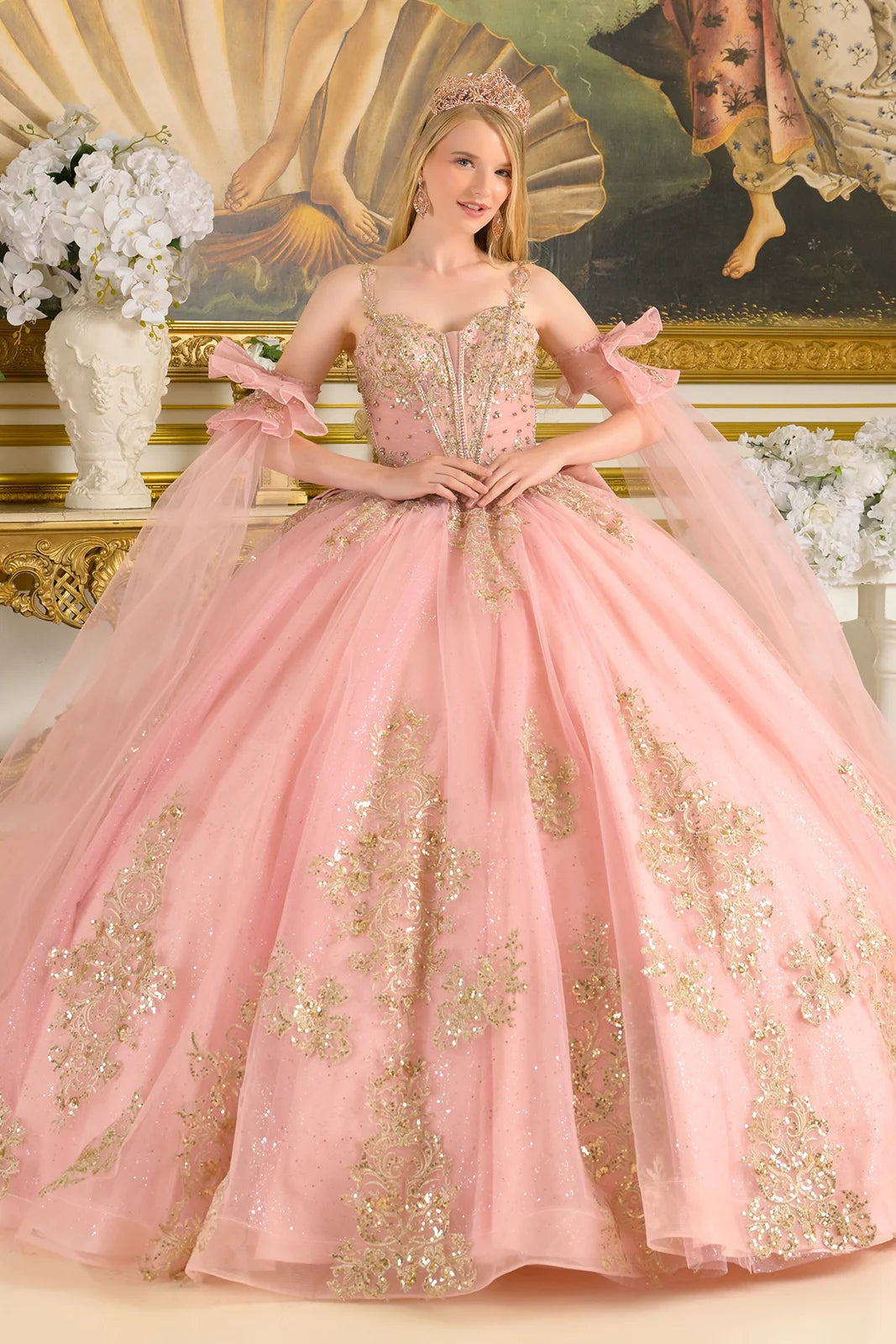 Quinceniera Dresses Ball Gown Glitter Sequin Quinceanera Dress - Corset - GLS GL3814 Dusty Rose-Tulle-GL3814-Train