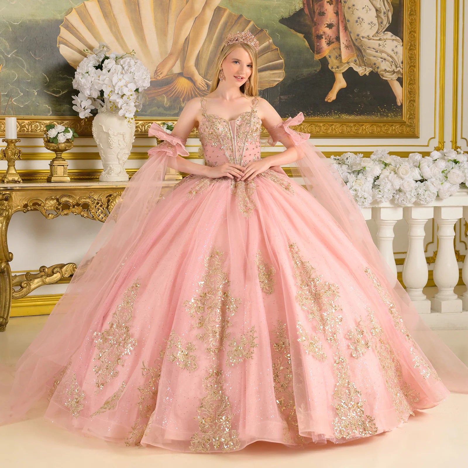 Quinceniera Dresses Ball Gown Glitter Sequin Quinceanera Dress - Corset - GLS GL3814 Dusty Rose-Tulle-GL3814-Train