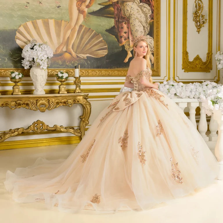 Quinceniera Dresses Beaded Sequin Long Glitter Ball Gown Quinceanera Dress Champagne
