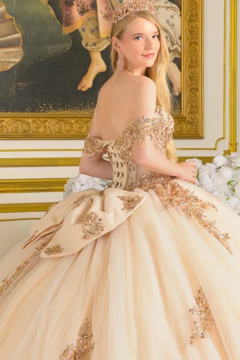 Quinceniera Dresses Beaded Sequin Long Glitter Ball Gown Quinceanera Dress Champagne
