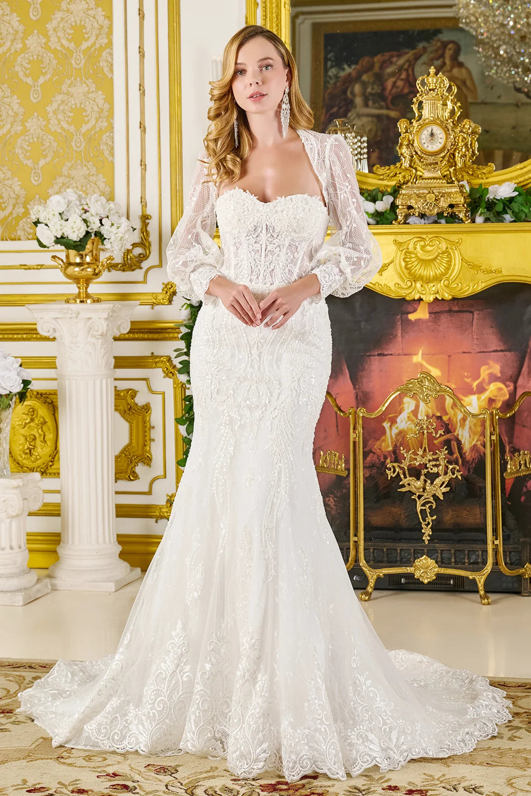 Wedding Dresses Bridal Sequin Applique Long  eaded Wedding Dress Off White