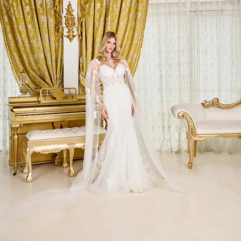 Wedding Dresses Applique Beaded Bridal Cape Glitter Wedding Dress Off White