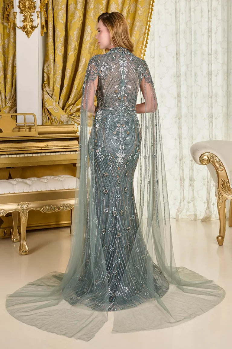 Mother of the Bride Dresses Fitted Long Formal Cape Beaded Sequin Mother of the Bride Dress Gray Green