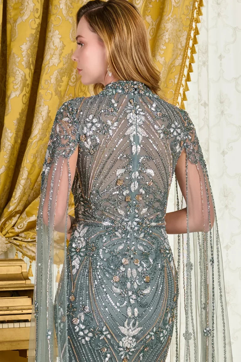 Mother of the Bride Dresses Fitted Long Formal Cape Beaded Sequin Mother of the Bride Dress Gray Green