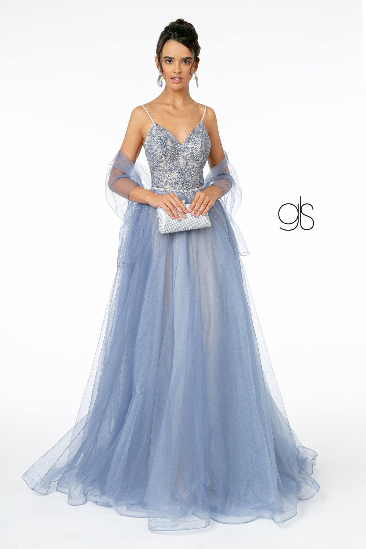 Gliiter Mesh A-Line Long Prom Dress - The Dress Outlet Elizabeth K