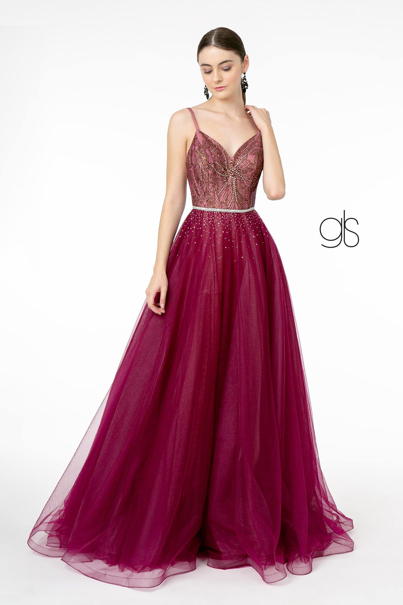 Gliiter Mesh A-Line Long Prom Dress - The Dress Outlet Elizabeth K