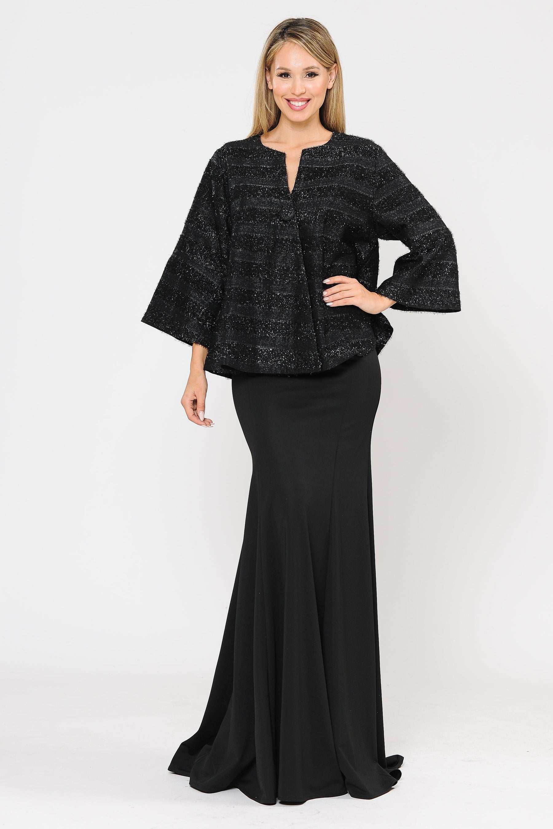 Black Jewel Short Glitter Embellished Evening Jacket with Bell Sleeves Poly USA JK1902