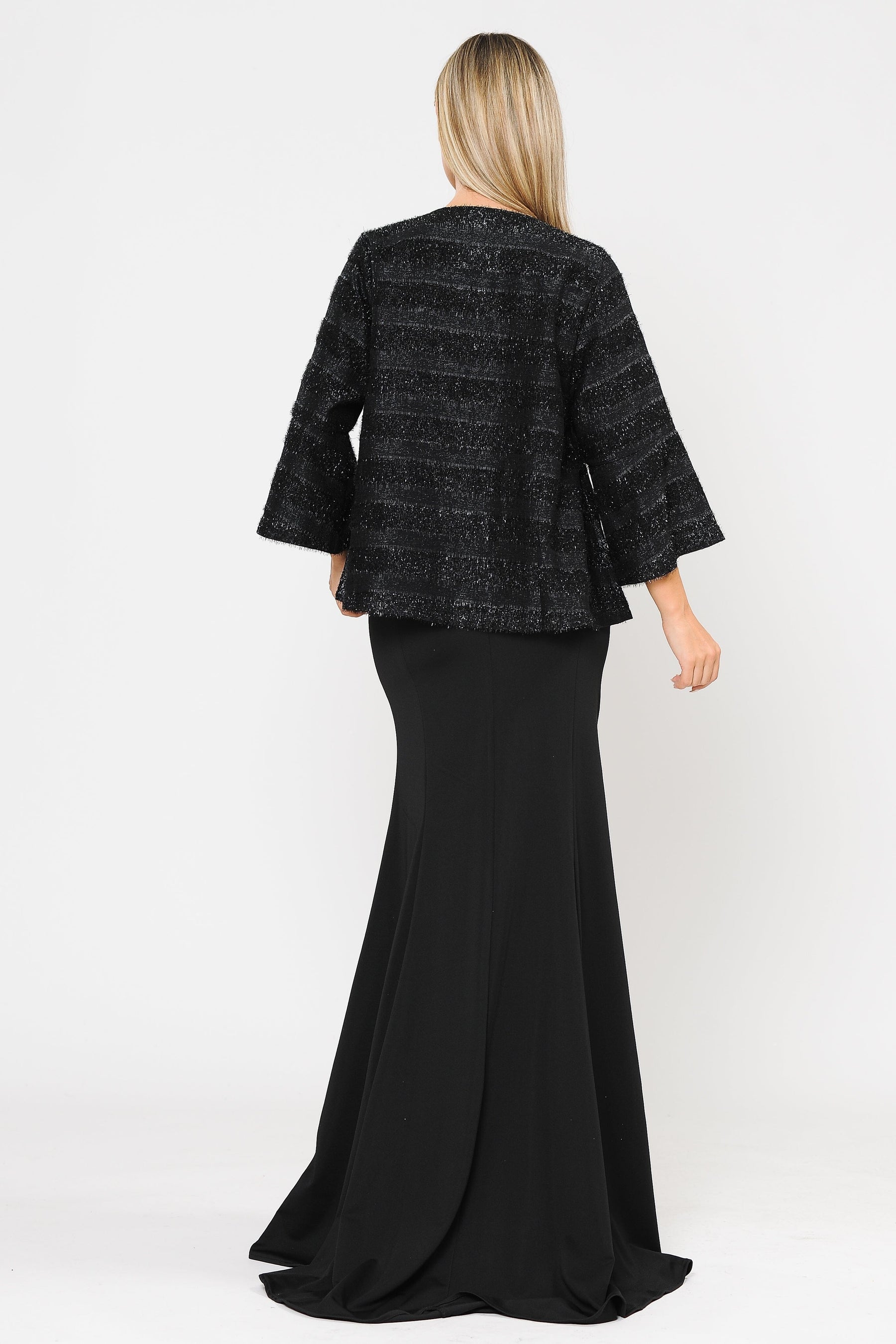 Black Jewel Short Glitter Embellished Evening Jacket with Bell Sleeves Poly USA JK1902