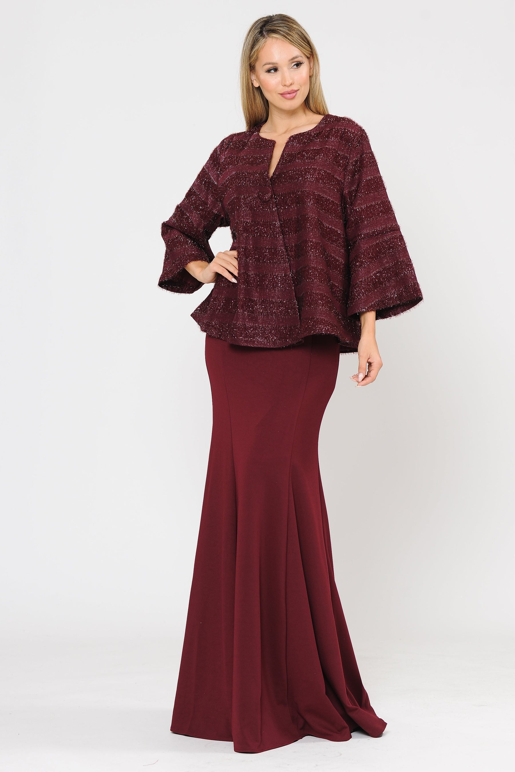 Burgundy Jewel Short Glitter Embellished Evening Jacket with Bell Sleeves Poly USA JK1902