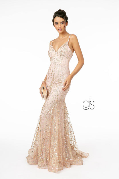 Glitter Mesh V-Neck Long Prom Dress - The Dress Outlet Elizabeth K
