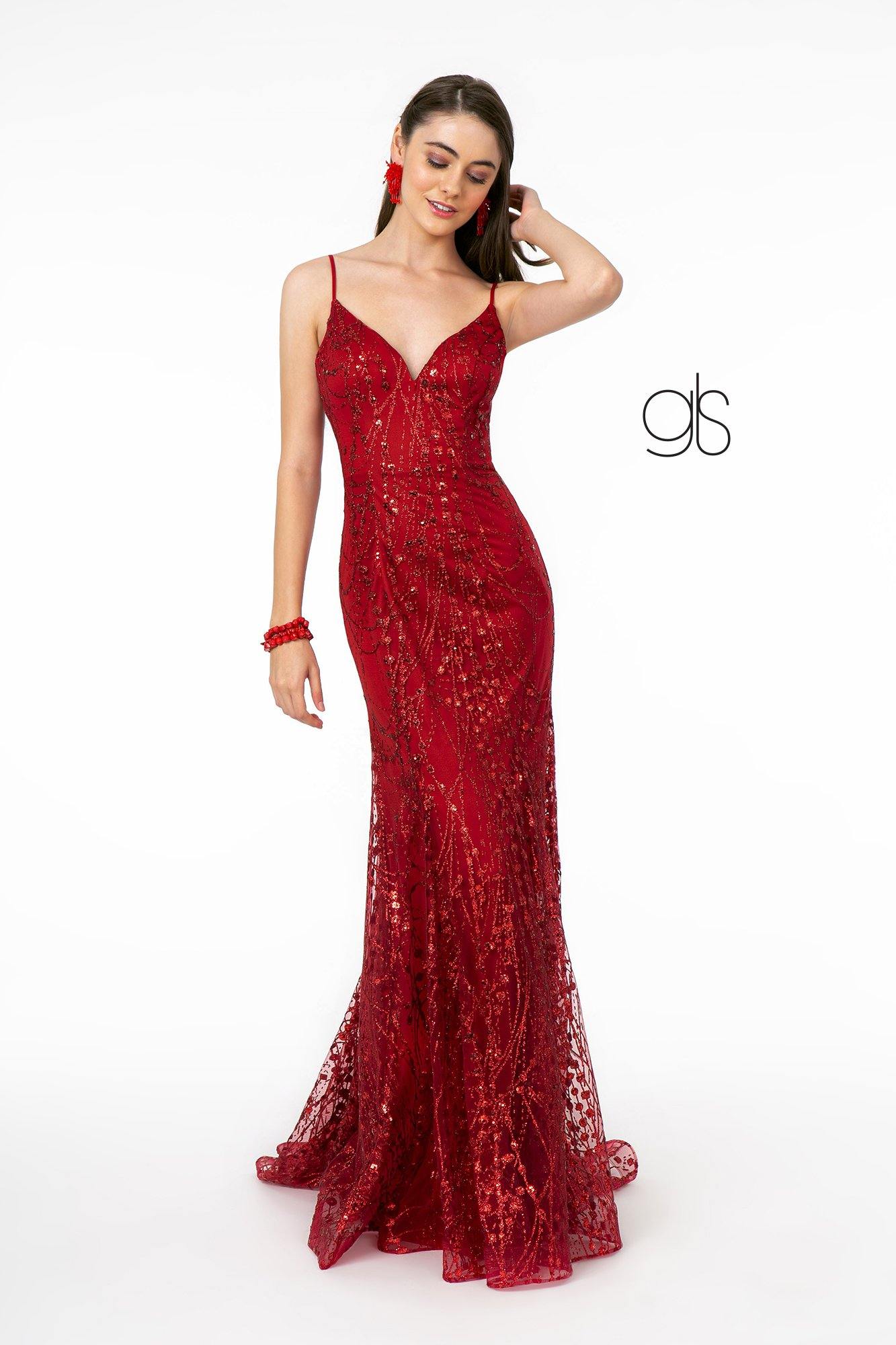 Glitter Mesh V-Neck Long Prom Dress - The Dress Outlet Elizabeth K