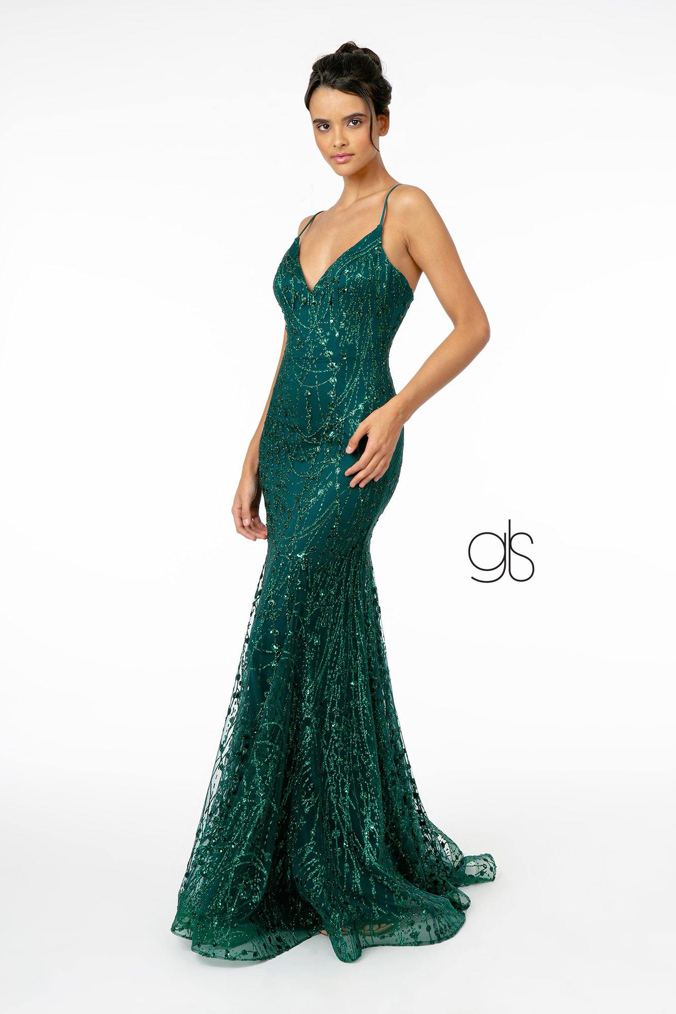 Glitter Mesh V-Neck Long Prom Dress - The Dress Outlet Elizabeth K