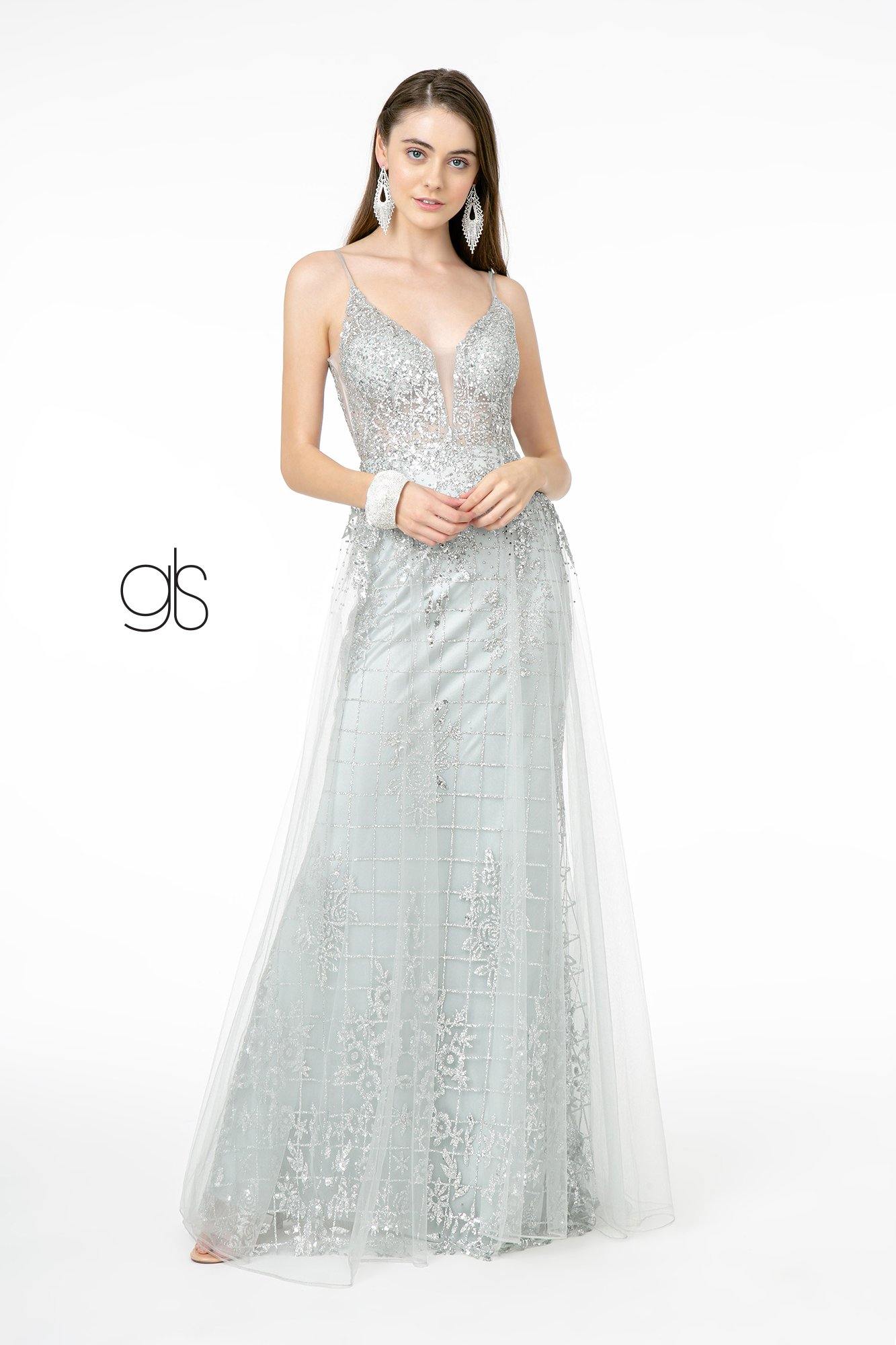 Glitter Mesh Illusion Deep V-Neck Long Prom Dress