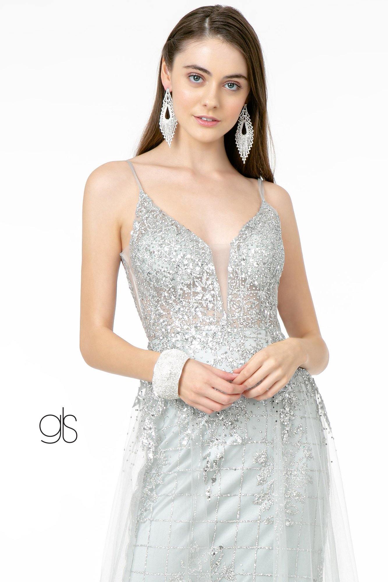 Glitter Mesh Illusion Deep V-Neck Long Prom Dress - The Dress Outlet Elizabeth K