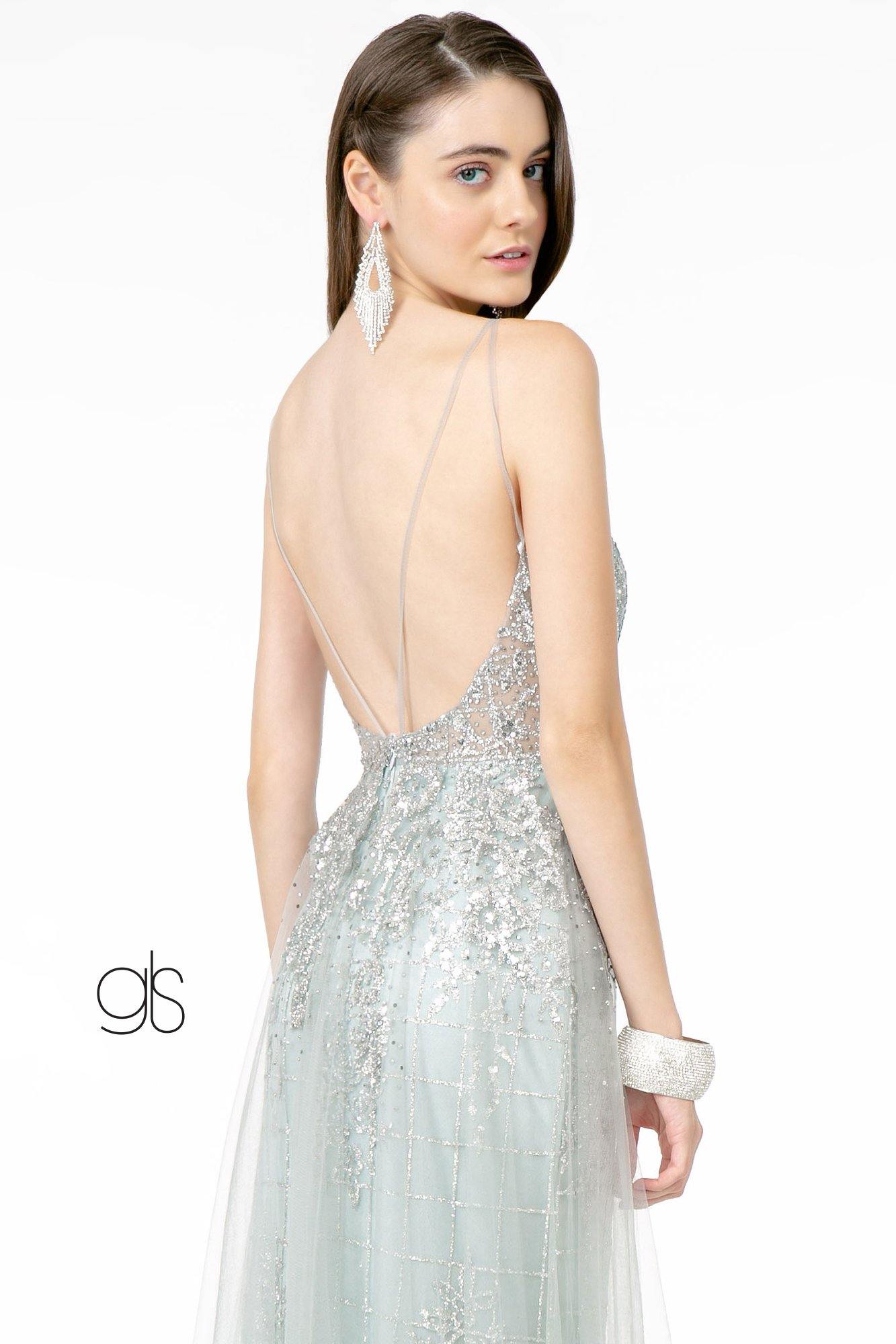 Glitter Mesh Illusion Deep V-Neck Long Prom Dress