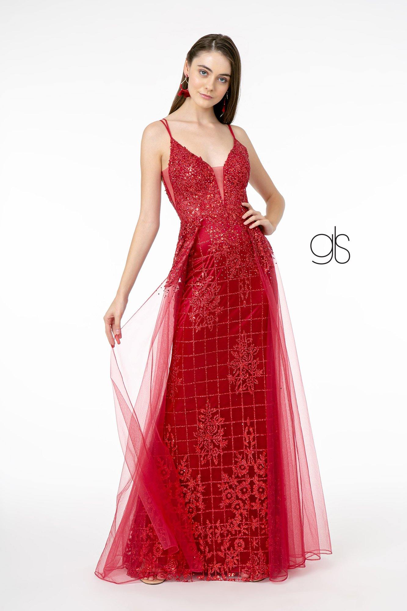 Glitter Mesh Illusion Deep V-Neck Long Prom Dress