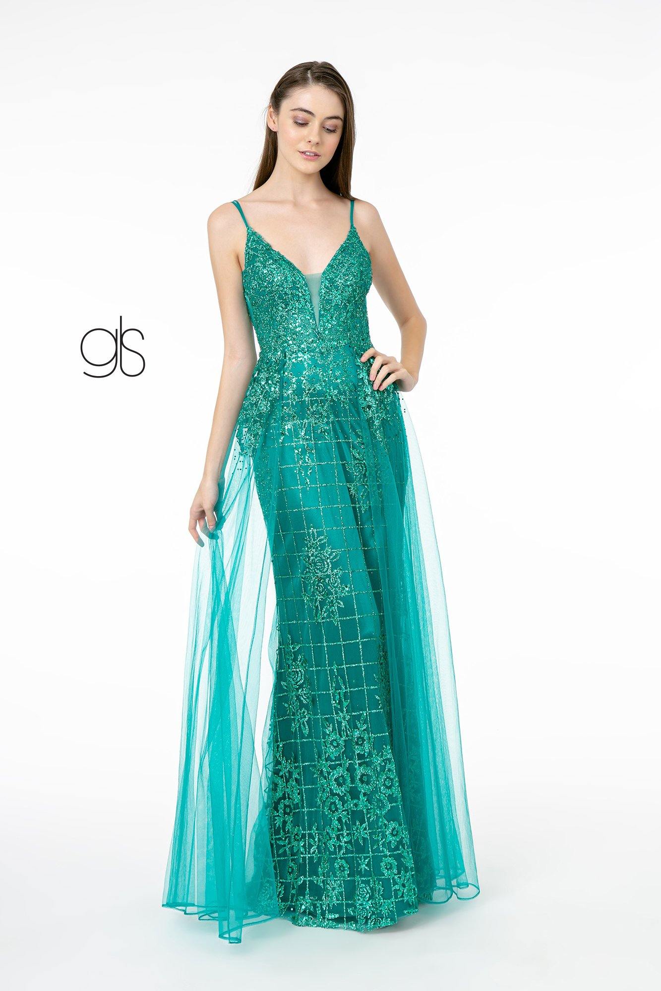 Glitter Mesh Illusion Deep V-Neck Long Prom Dress