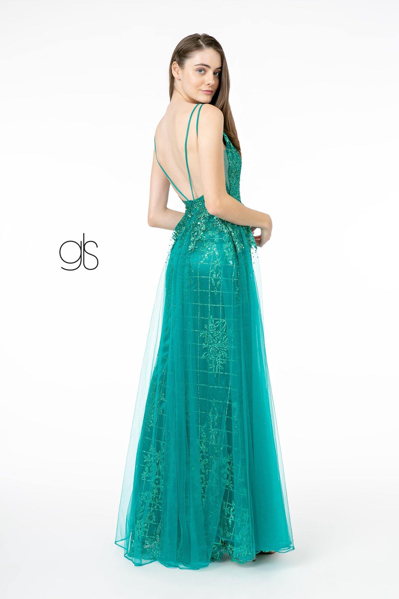 Glitter Mesh Illusion Deep V-Neck Long Prom Dress