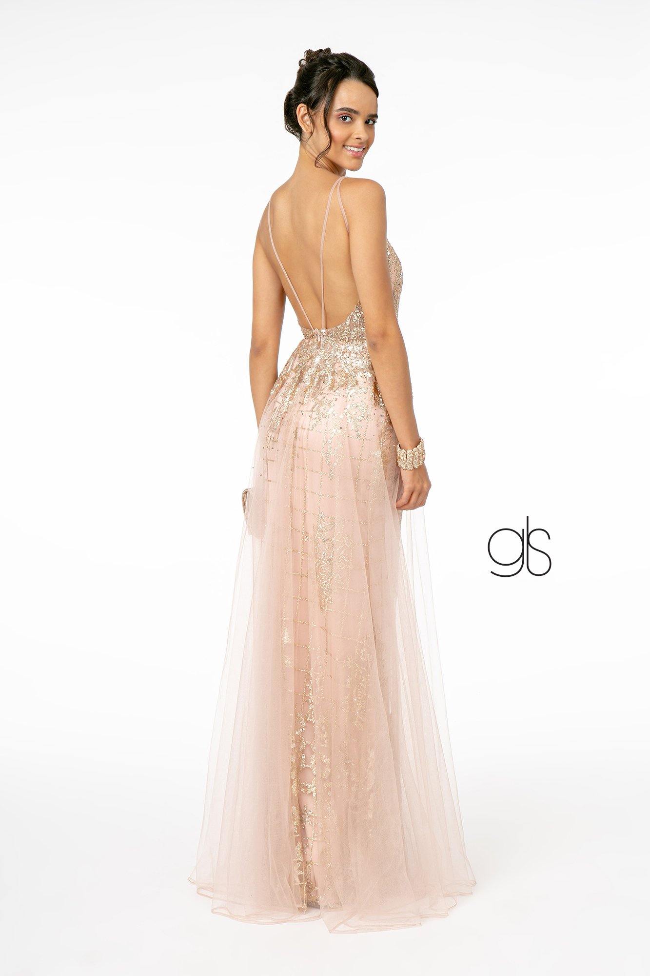 Glitter Mesh Illusion Deep V-Neck Long Prom Dress