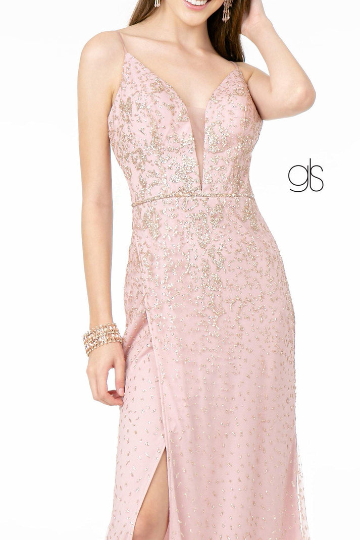 Portrait Collar Glitter Mesh Dress with Illusion Sleeves and Embellished Waist Detail