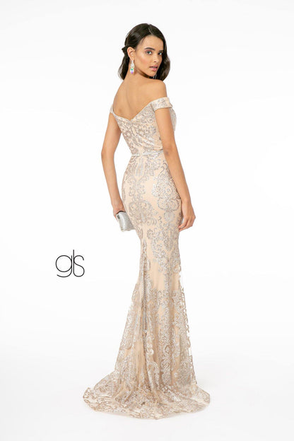 Glitter Pattern Mesh Mermaid Long Prom Dress - The Dress Outlet Elizabeth K