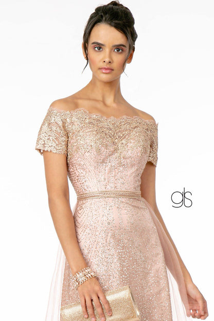 Glitter Print Mesh Long Prom Dress - The Dress Outlet Elizabeth K