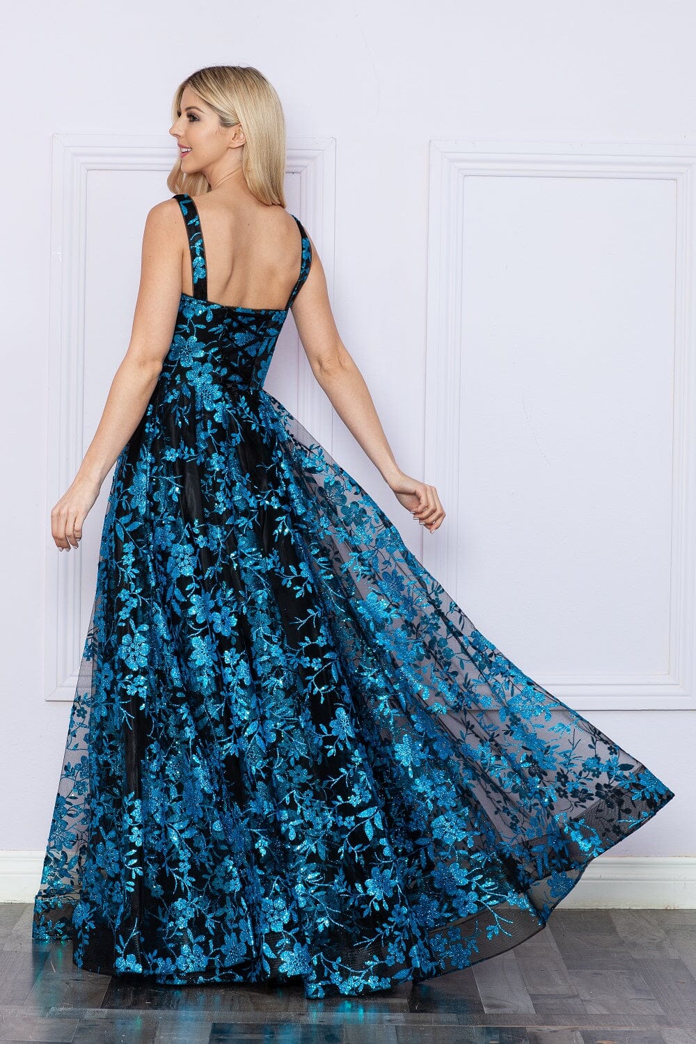 Black/Turquoise Gold V Neck Floor Length Tulle Prom Gown with Floral Print A-line Formal Dress Poly USA 9298