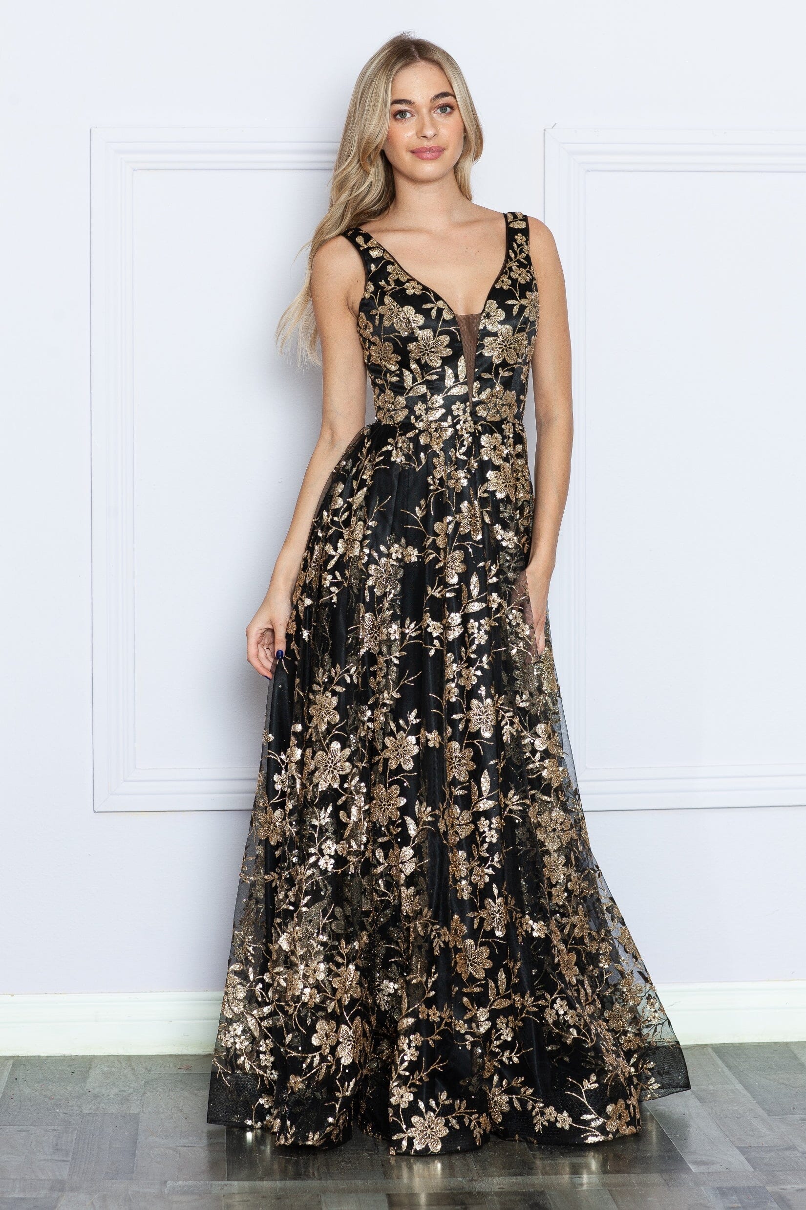 Black/Rose Gold V Neck Floor Length Tulle Prom Gown with Floral Print A-line Formal Dress Poly USA 9298