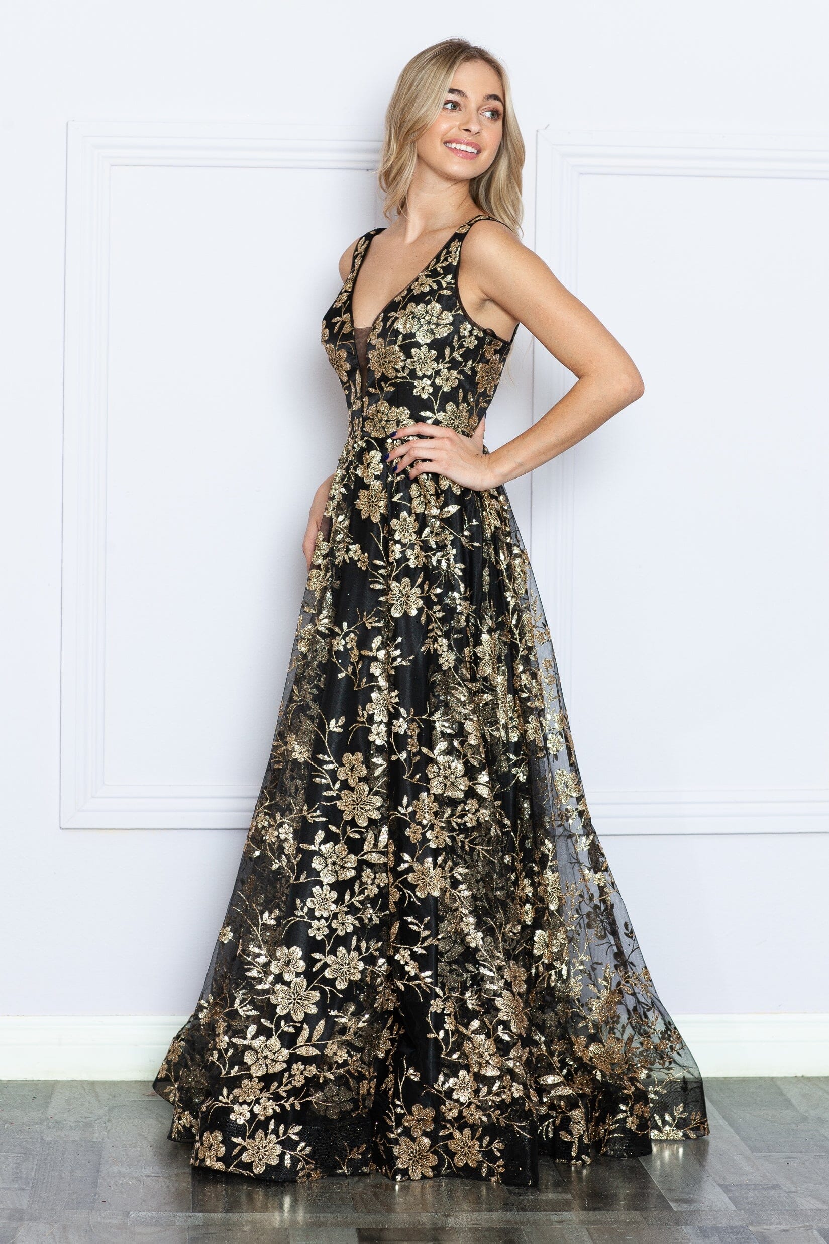 Black/Rose Gold V Neck Floor Length Tulle Prom Gown with Floral Print A-line Formal Dress Poly USA 9298