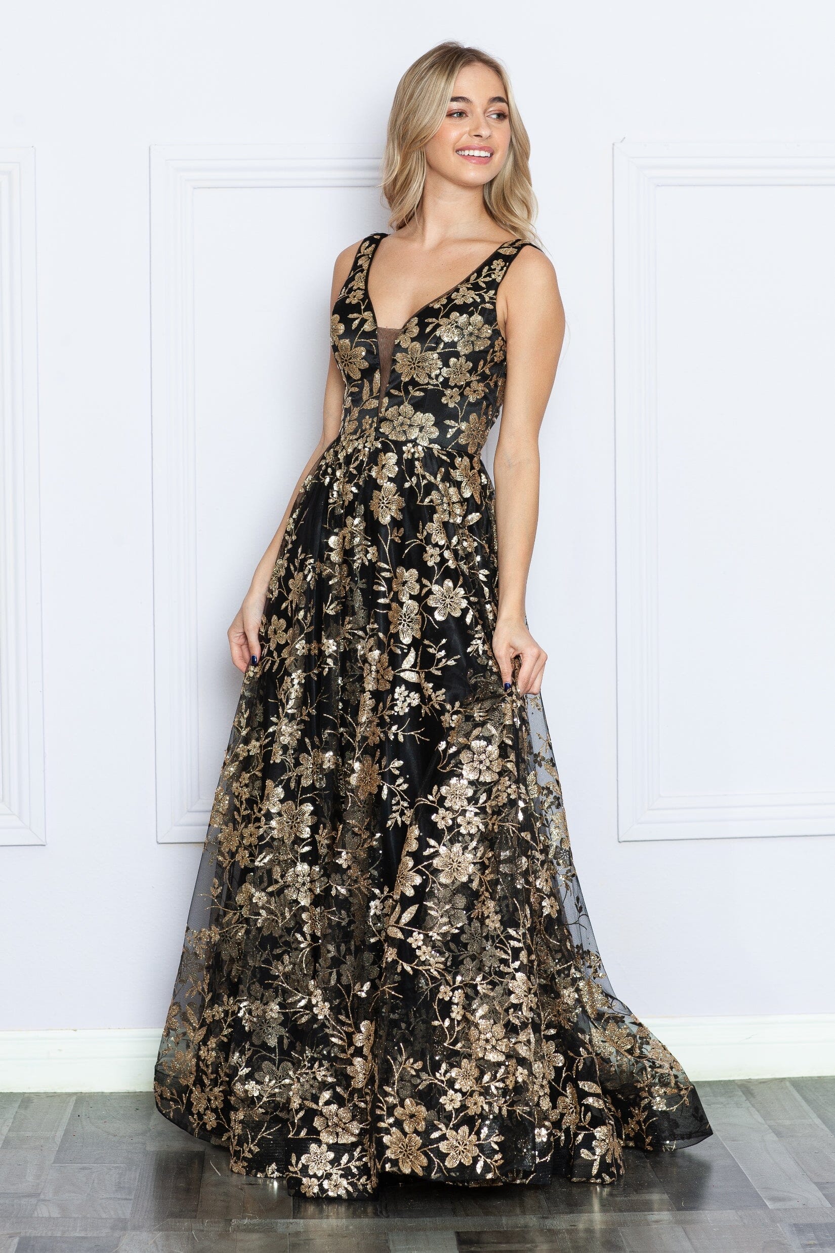 Black/Rose Gold V Neck Floor Length Tulle Prom Gown with Floral Print A-line Formal Dress Poly USA 9298