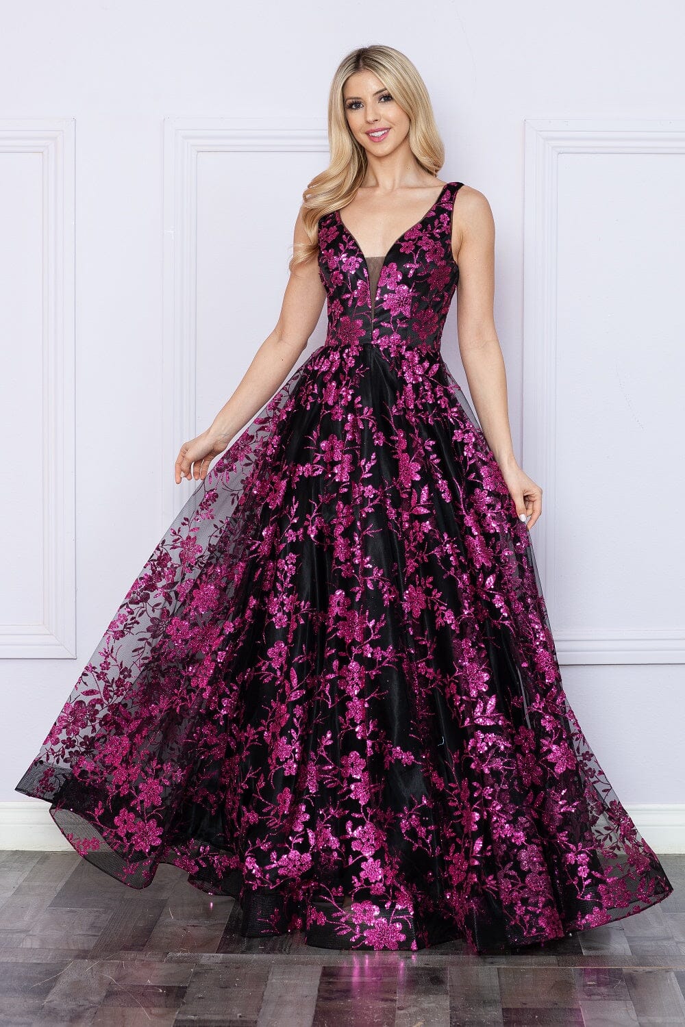 Black/Magenta V Neck Floor Length Tulle Prom Gown with Floral Print A-line Formal Dress Poly USA 9298