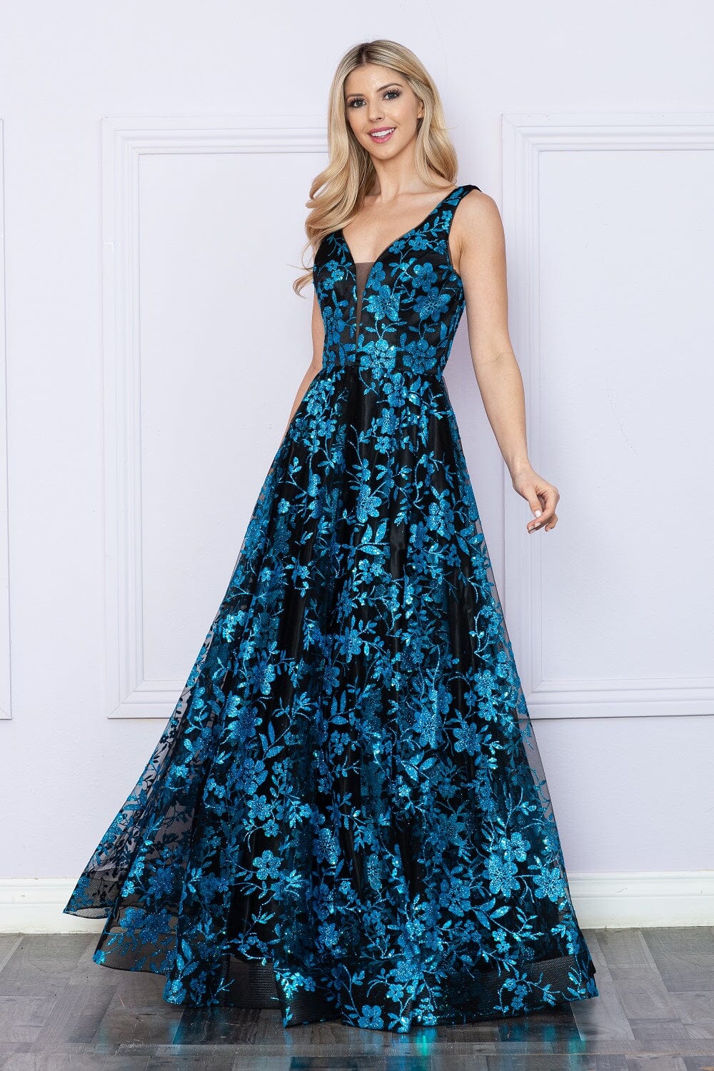 Black/Turquoise Gold V Neck Floor Length Tulle Prom Gown with Floral Print A-line Formal Dress Poly USA 9298