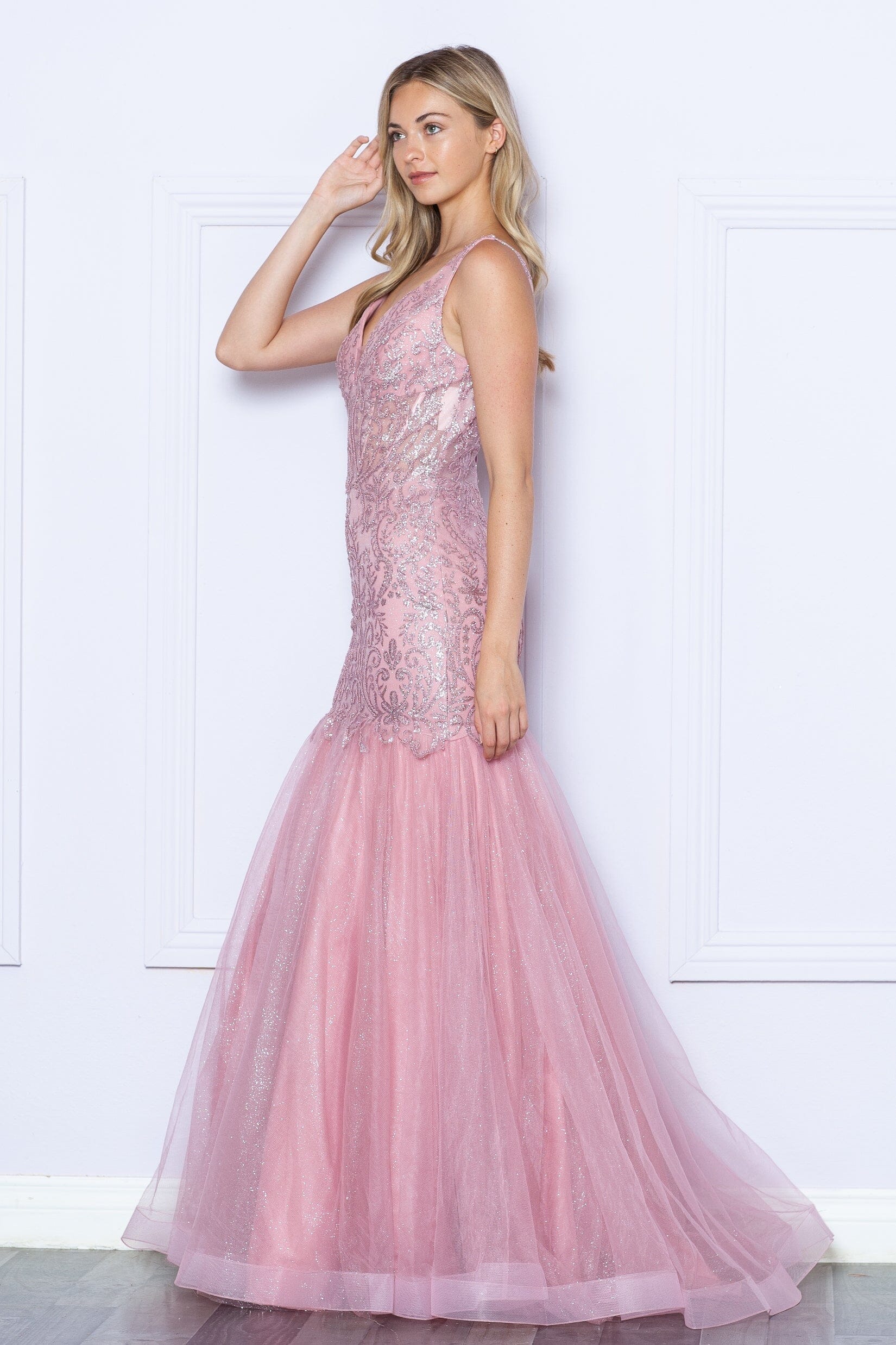 Rose Gold V Neck Floor Length Glitter Tulle Prom Dress with Sweep Train Formal Gown Poly USA 9388