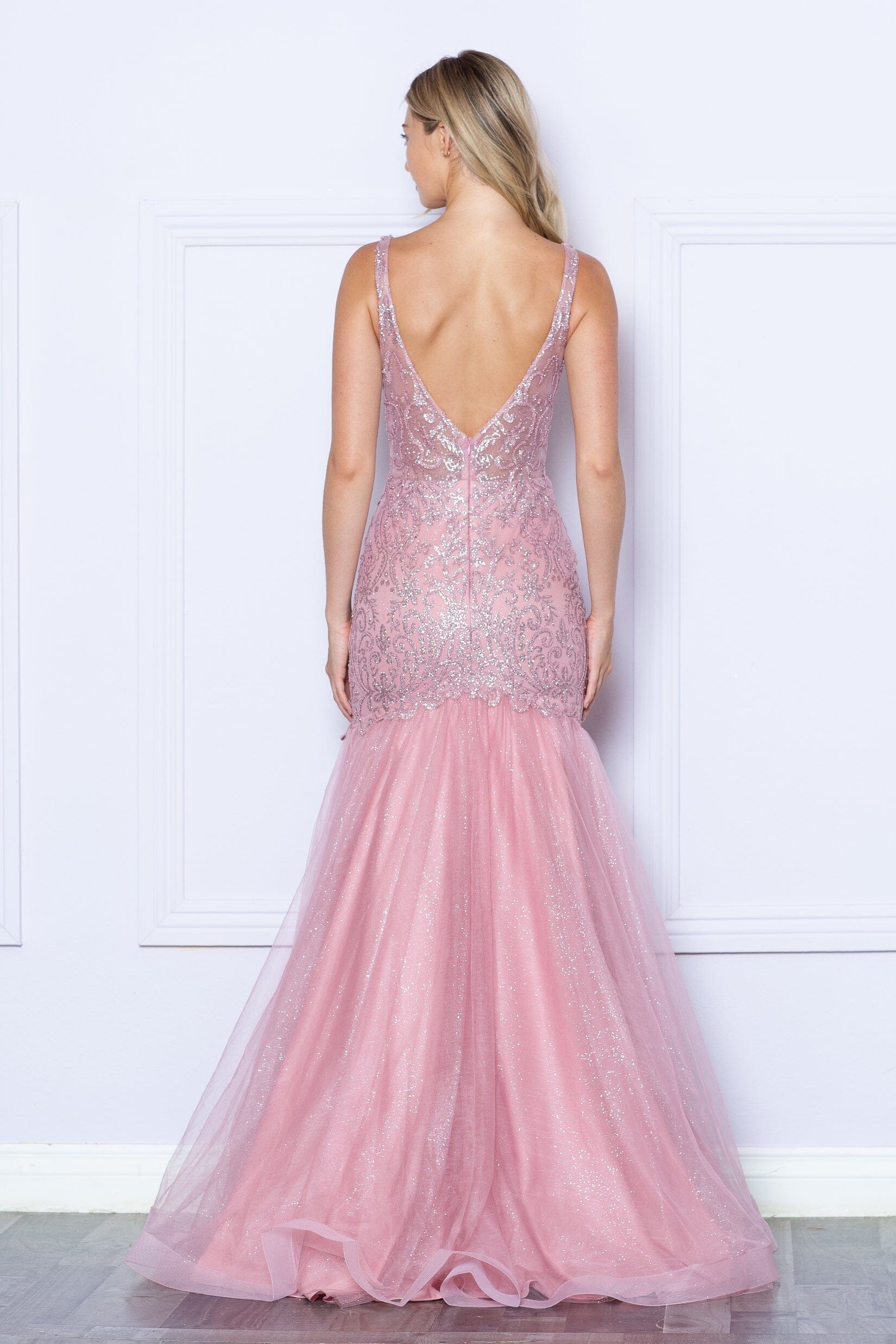 Rose Gold V Neck Floor Length Glitter Tulle Prom Dress with Sweep Train Formal Gown Poly USA 9388