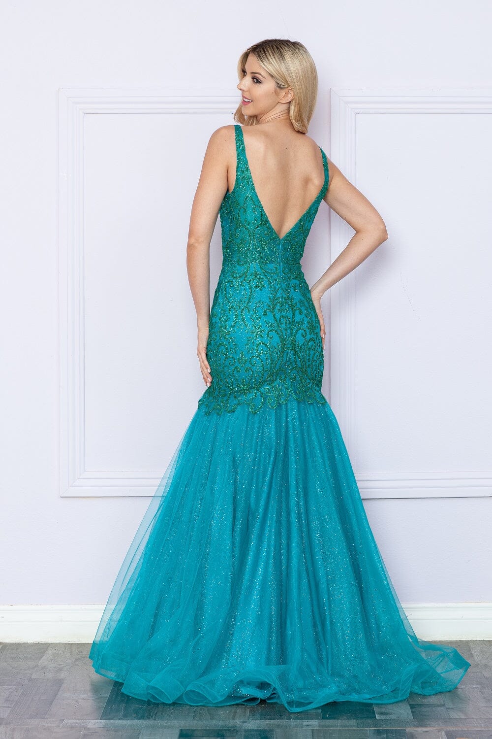 Teal V Neck Floor Length Glitter Tulle Prom Dress with Sweep Train Formal Gown Poly USA 9388