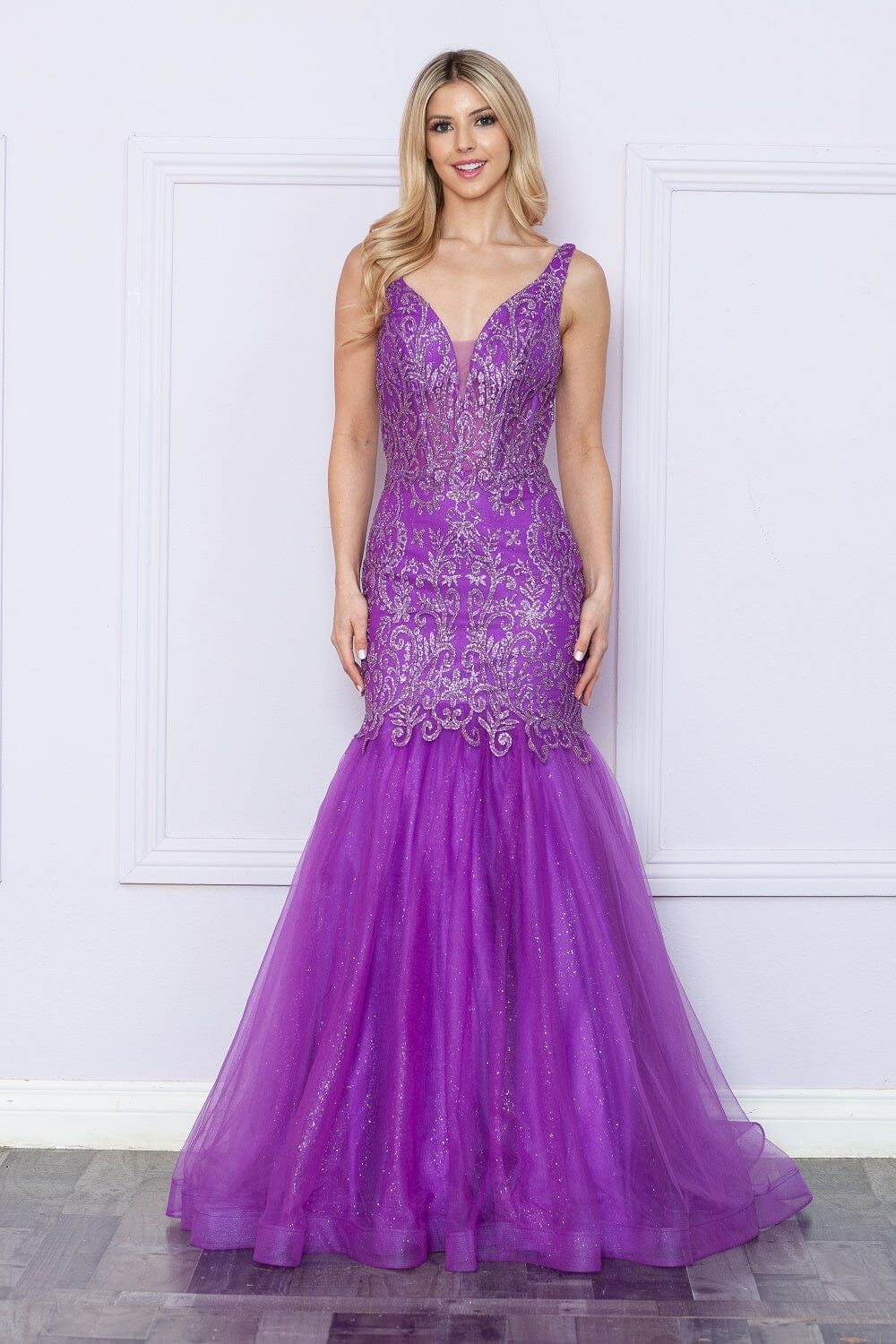 Purple V Neck Floor Length Glitter Tulle Prom Dress with Sweep Train Formal Gown Poly USA 9388