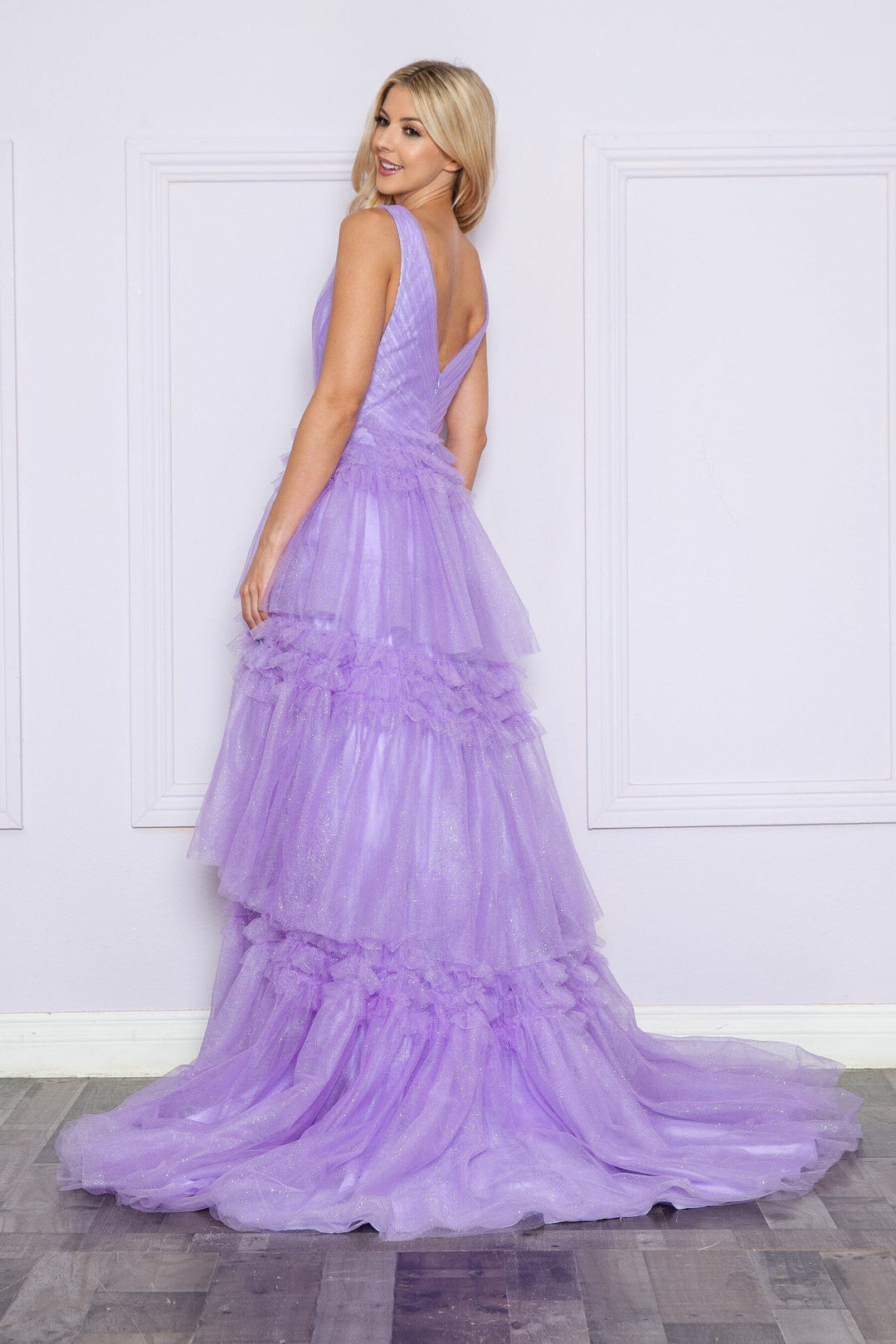 Lavender V Neck Floor Length Glitter Mesh Prom Dress with Tiered Ruffle Slit Skirt Poly USA 9406