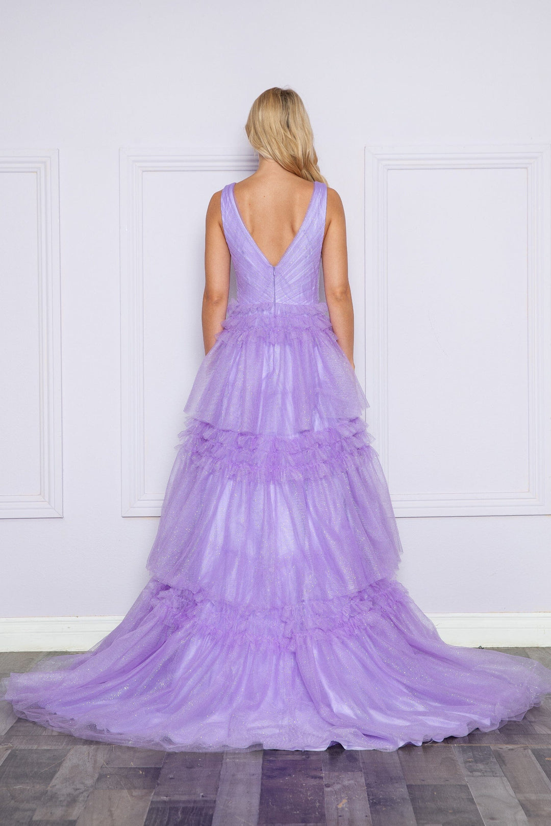Lavender V Neck Floor Length Glitter Mesh Prom Dress with Tiered Ruffle Slit Skirt Poly USA 9406