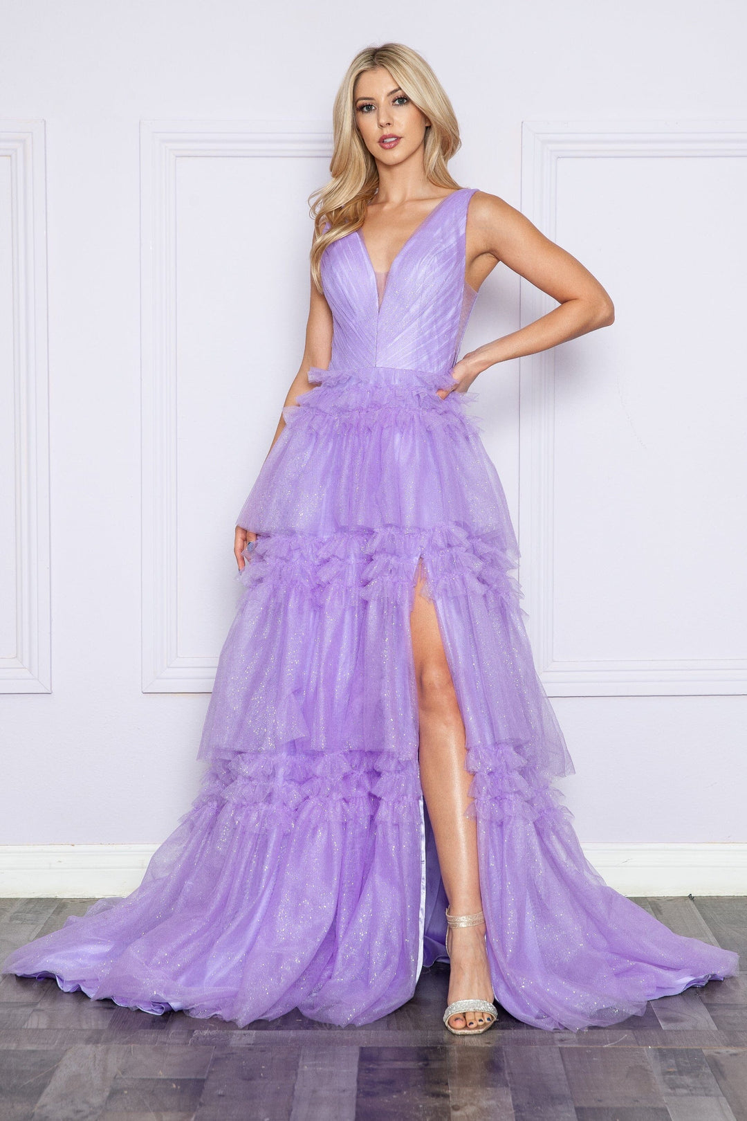 Lavender V Neck Floor Length Glitter Mesh Prom Dress with Tiered Ruffle Slit Skirt Poly USA 9406