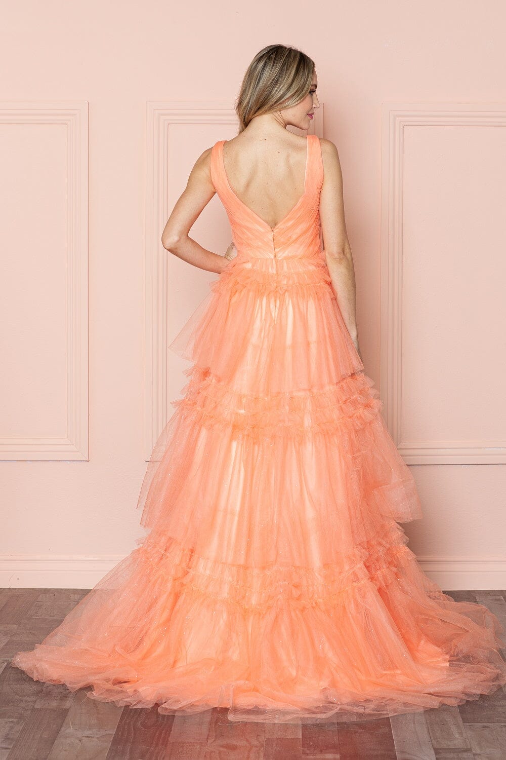 Apricot V Neck Floor Length Glitter Mesh Prom Dress with Tiered Ruffle Slit Skirt Poly USA 9406