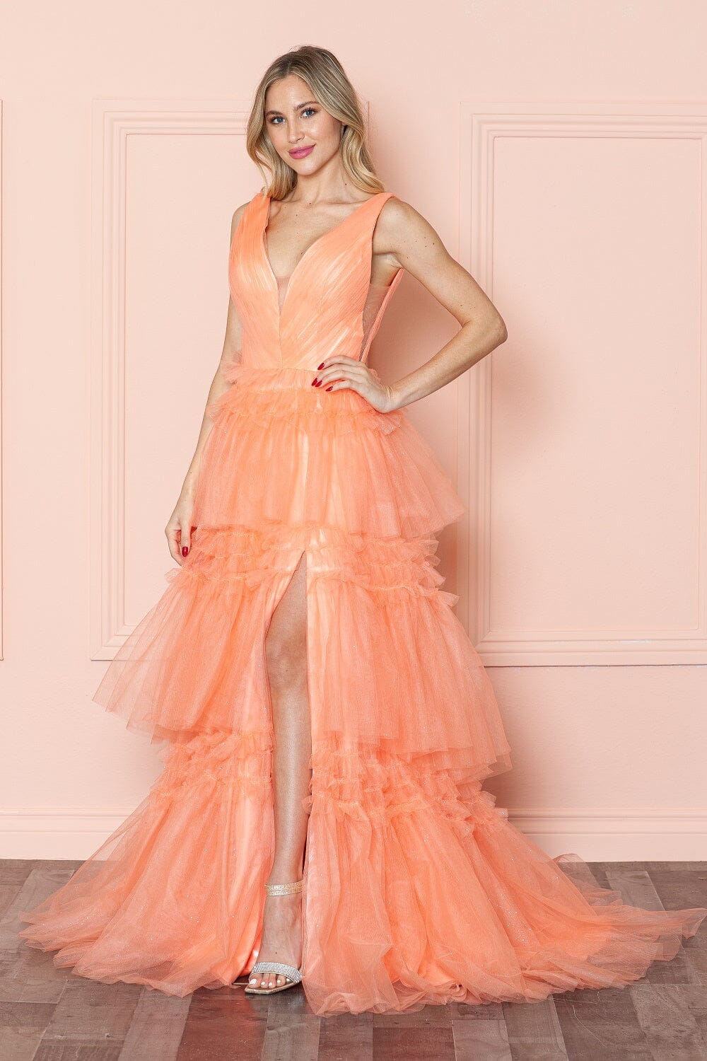 Apricot V Neck Floor Length Glitter Mesh Prom Dress with Tiered Ruffle Slit Skirt Poly USA 9406