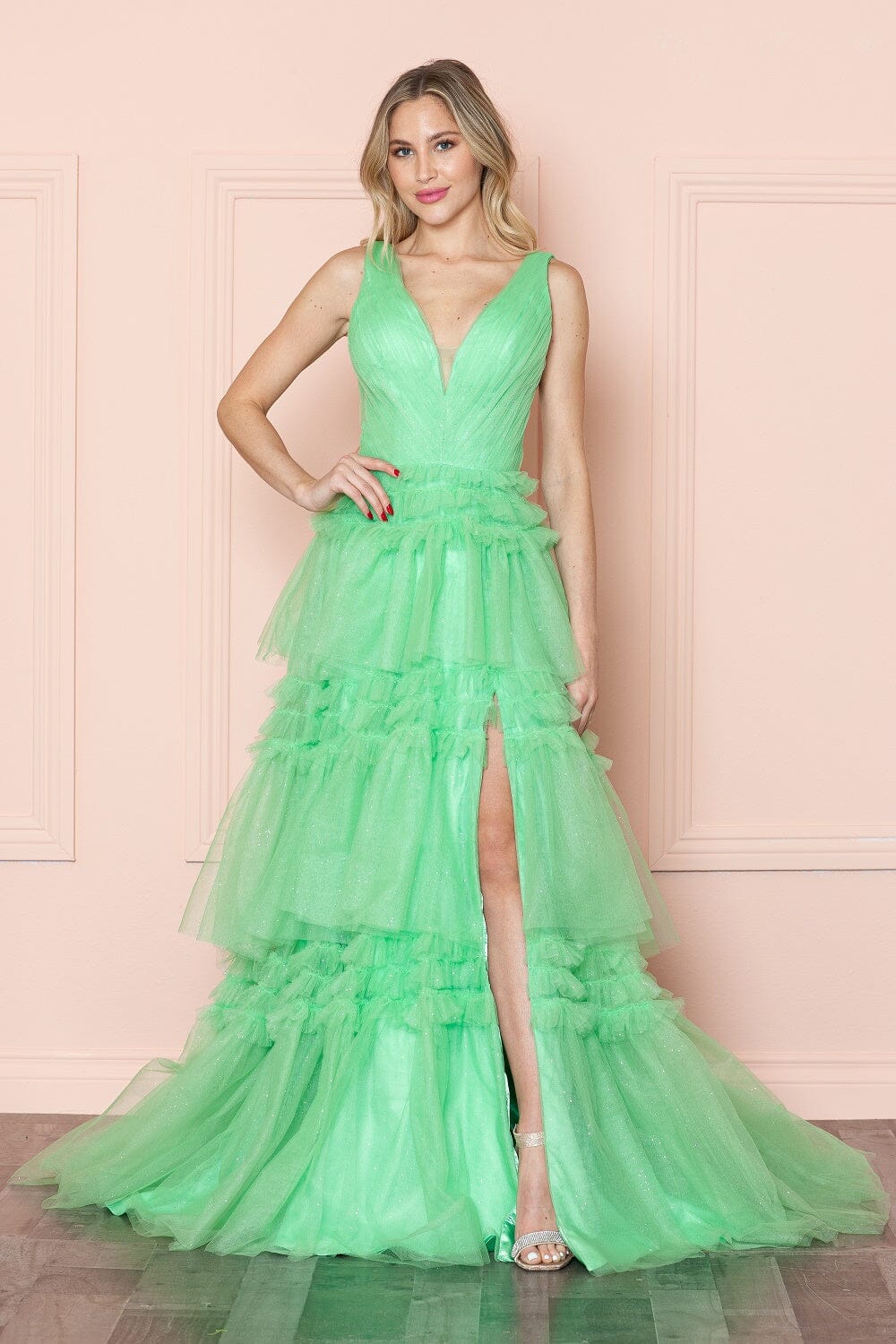 Light Green V Neck Floor Length Glitter Mesh Prom Dress with Tiered Ruffle Slit Skirt Poly USA 9406