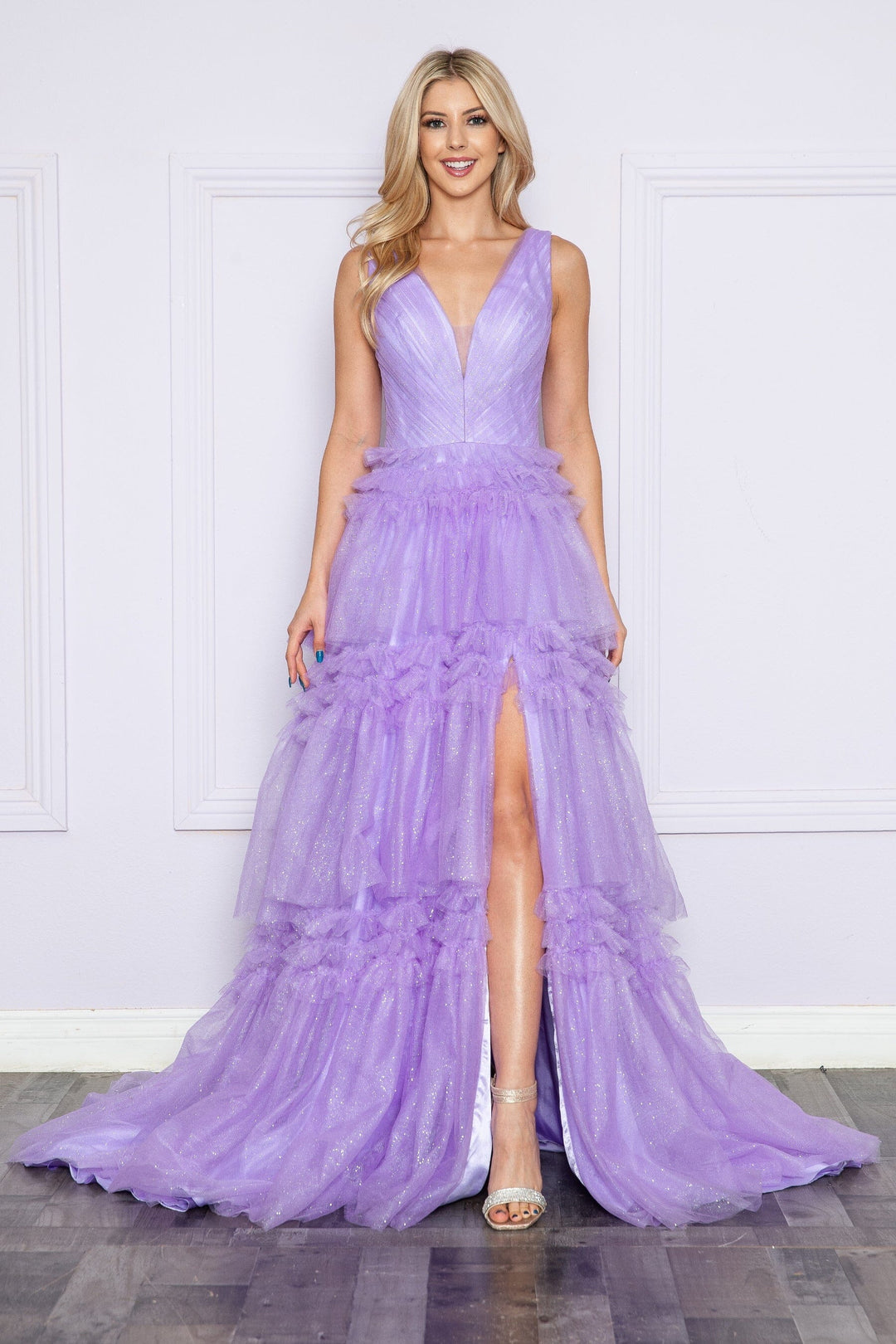 Lavender V Neck Floor Length Glitter Mesh Prom Dress with Tiered Ruffle Slit Skirt Poly USA 9406