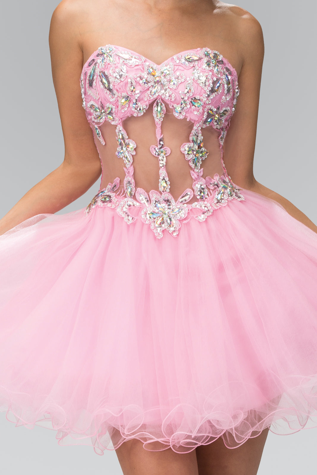 Beaded Strapless Sequined Tulle Short Prom Dress - The Dress Outlet Pink
